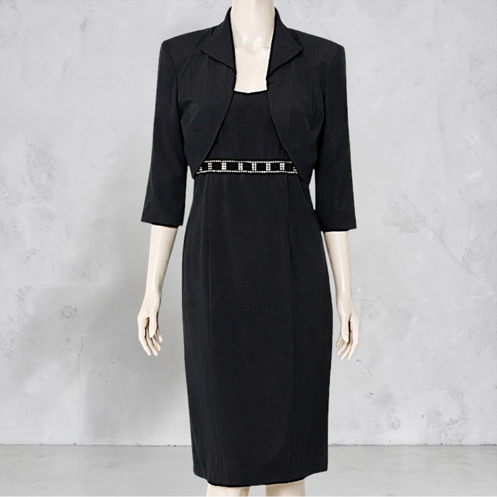 Black Embellished Waist Sheath Dress & Jacket Set